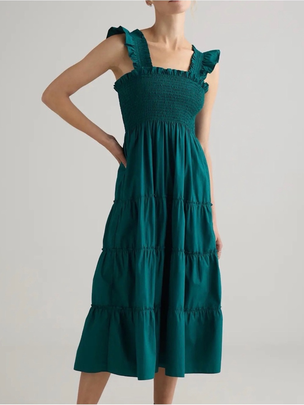 Quince organic cotton keyhole midi smocked dress size small garden green